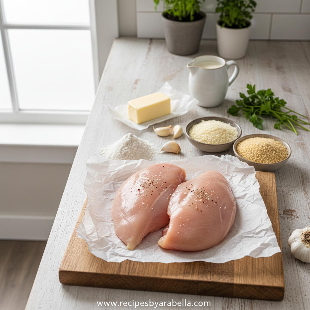 Crispy Parmesan Chicken with Creamy Garlic Sauce - Ultimate Weeknight Dinner Recipe 2 Ingredients for crispy Parmesan chicken including chicken breasts, Parmesan cheese, flour, eggs, and garlic