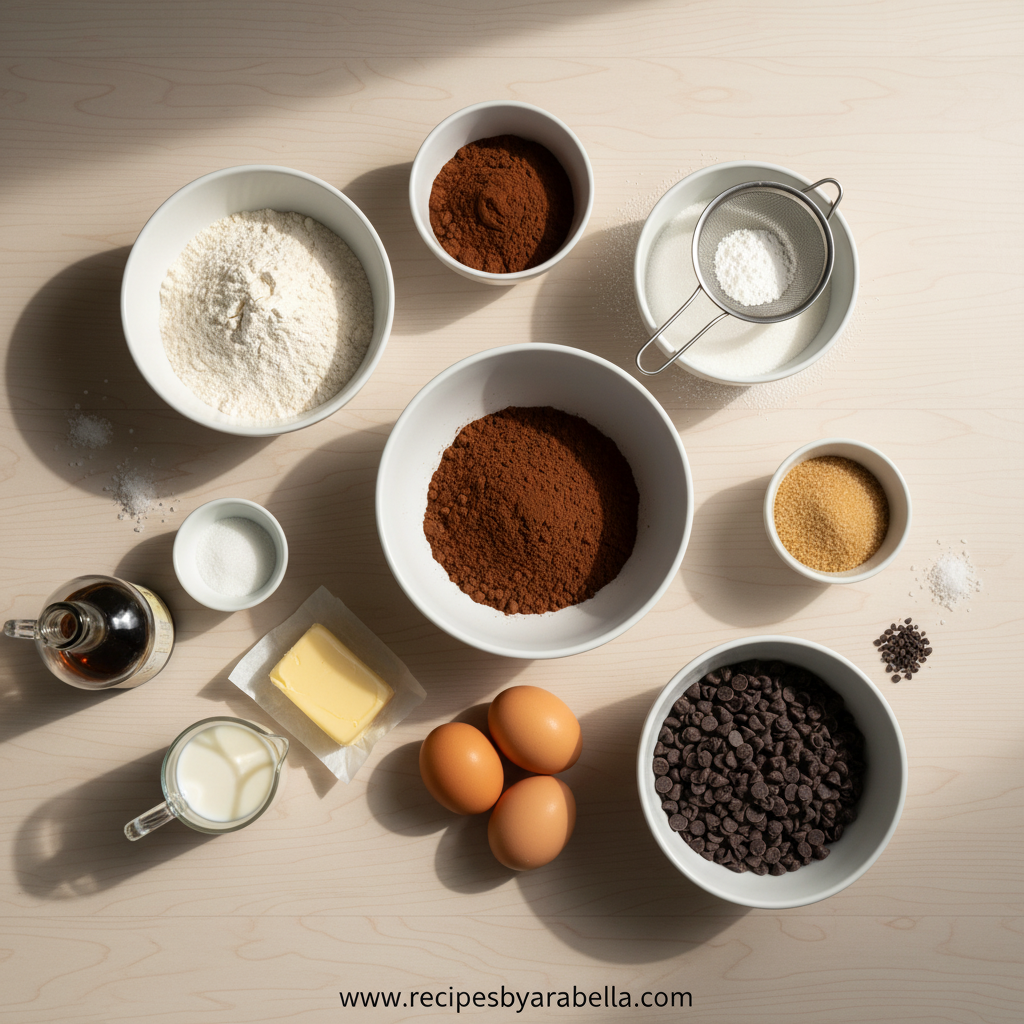 Ultimate Dark Chocolate Sheet Cake with Rich Cocoa Frosting 2 High-quality ingredients for dark chocolate sheet cake including cocoa powder, flour, eggs, and butter