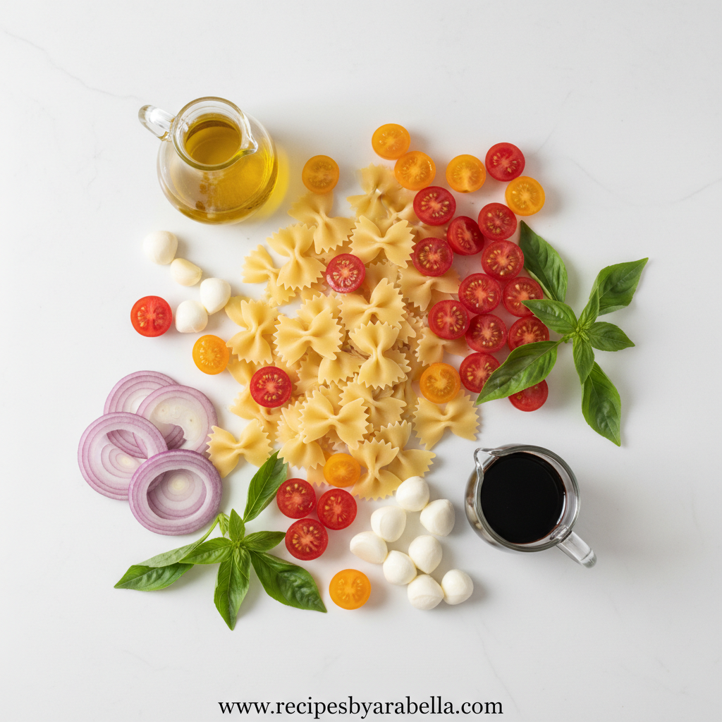Fresh ingredients for bruschetta pasta salad