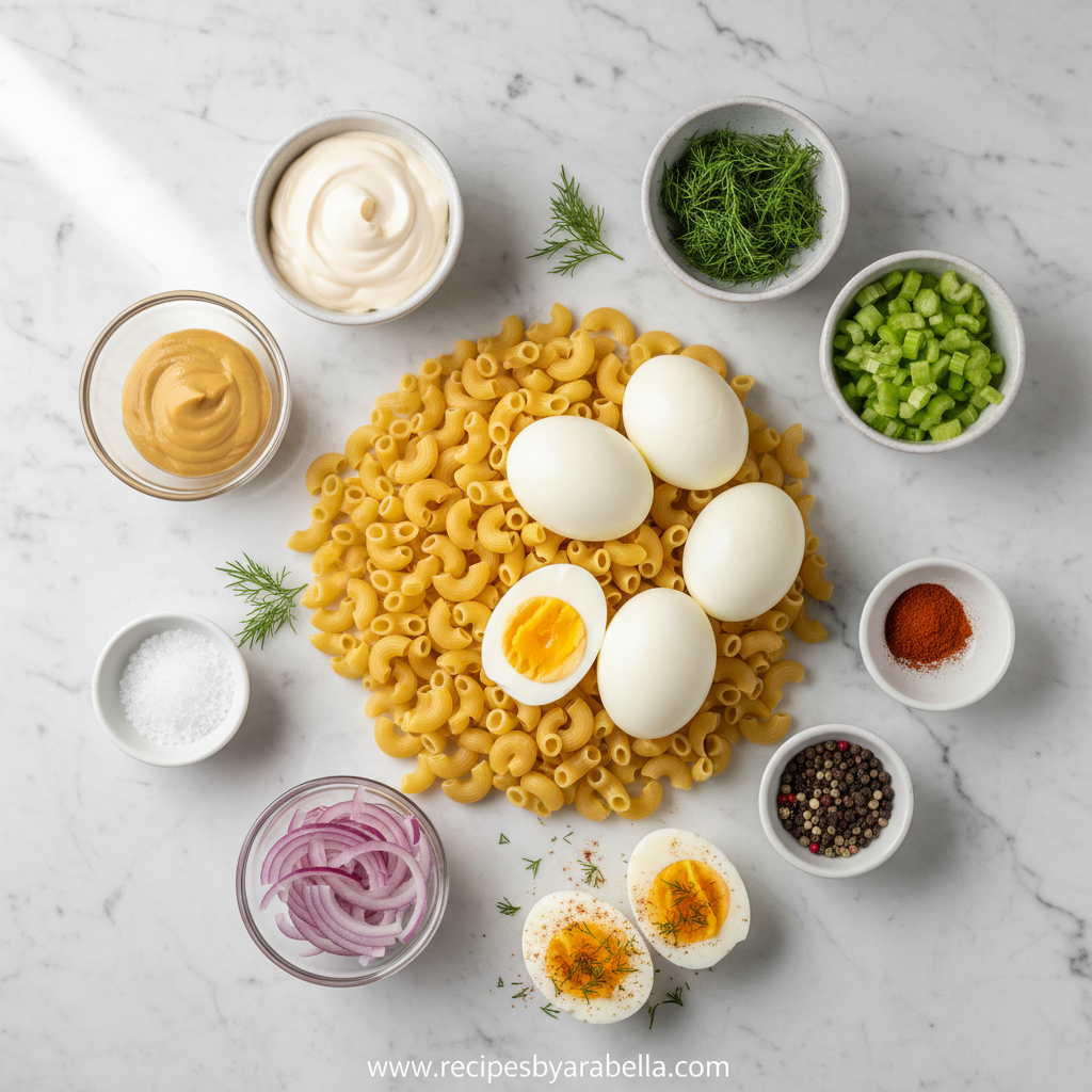 Ingredients for deviled egg pasta salad