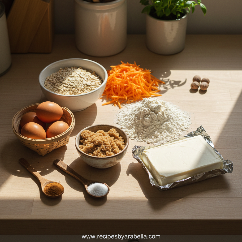 Ingredients for healthy carrot cake oatmeal cookies including oats, carrots, spices, and natural sweeteners