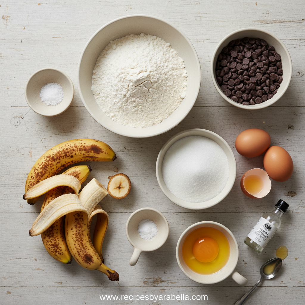 Ultimate Chocolate Chip Banana Bread Recipe - Easy & Moist No Butter Version 2 Ingredients for chocolate chip banana bread laid out on counter