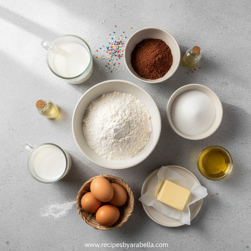 Ingredients for chocolate sheet cake laid out on counter