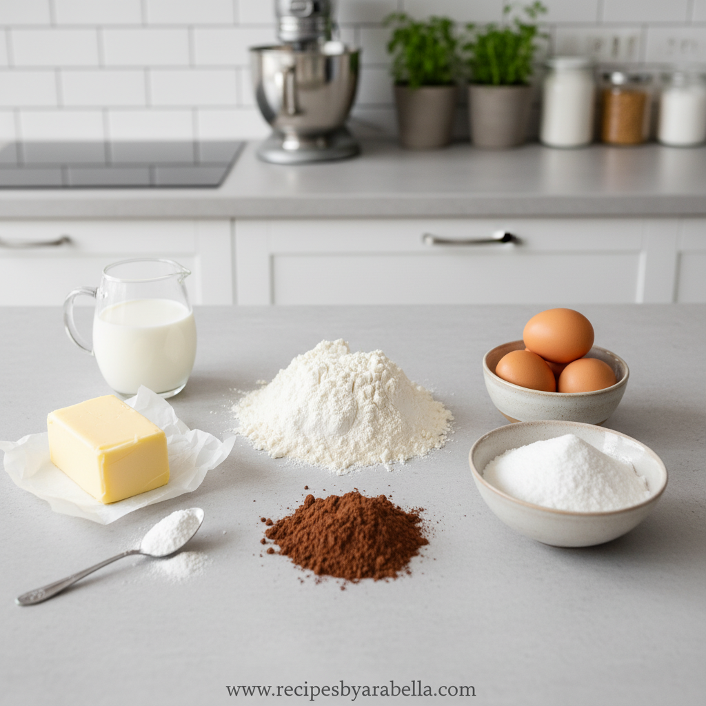 Ingredients for chocolate traybake including flour, cocoa powder, eggs, and butter
