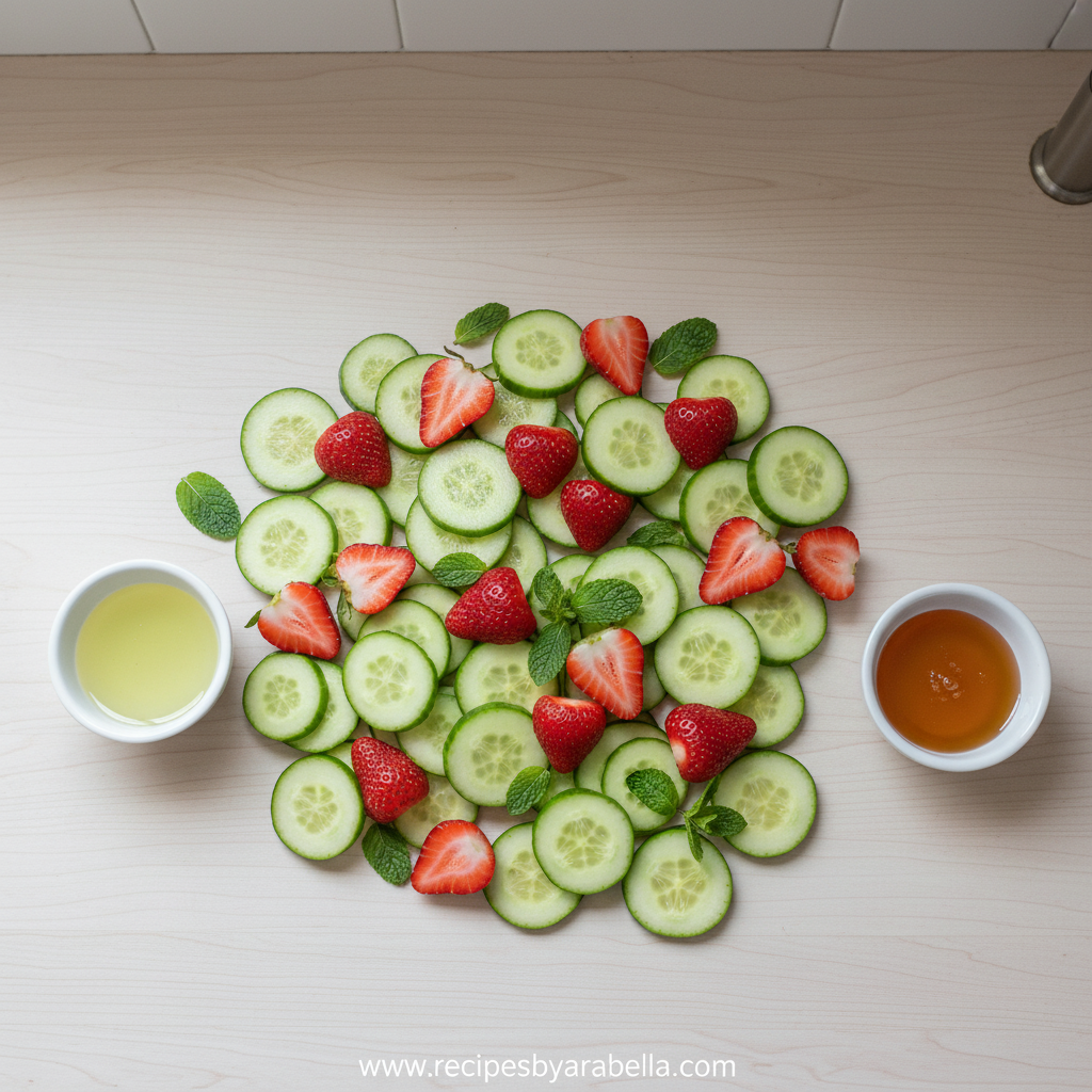 Easy Summer Cucumber Strawberry Salad - Refreshing No-Cook Recipe 2 Fresh ingredients for cucumber strawberry salad arranged on wooden surface
