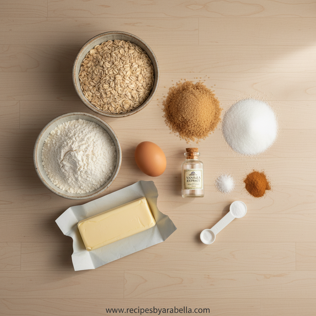 Easy One Bowl Oatmeal Cookies - Simple No-Mixer Recipe 2 All ingredients for one bowl oatmeal cookies laid out