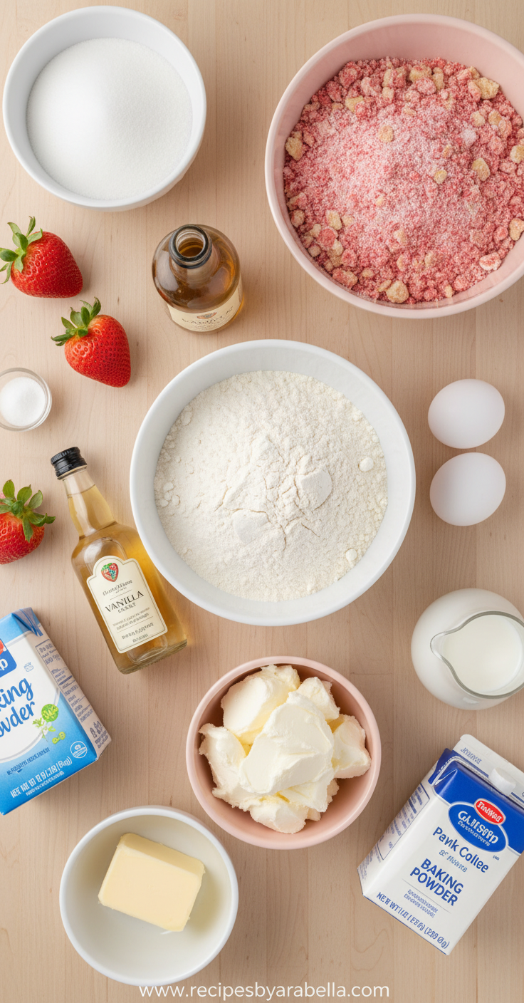 Easy Strawberry Crunch Cake Recipe: Childhood Dessert Perfection with Crunchy Cookie Topping 2 Ingredients for strawberry crunch cake lined up neatly