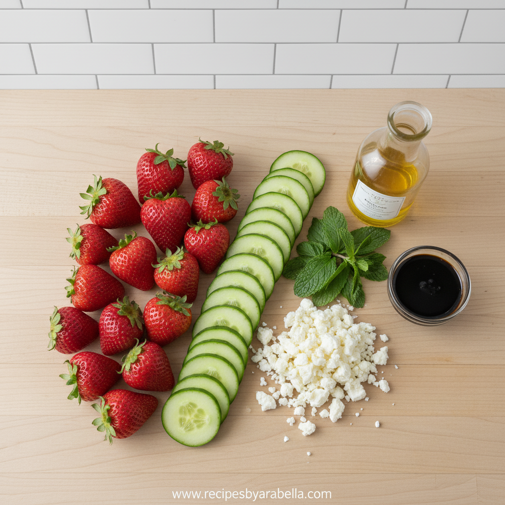 Ingredients for strawberry cucumber feta salad arranged on counter