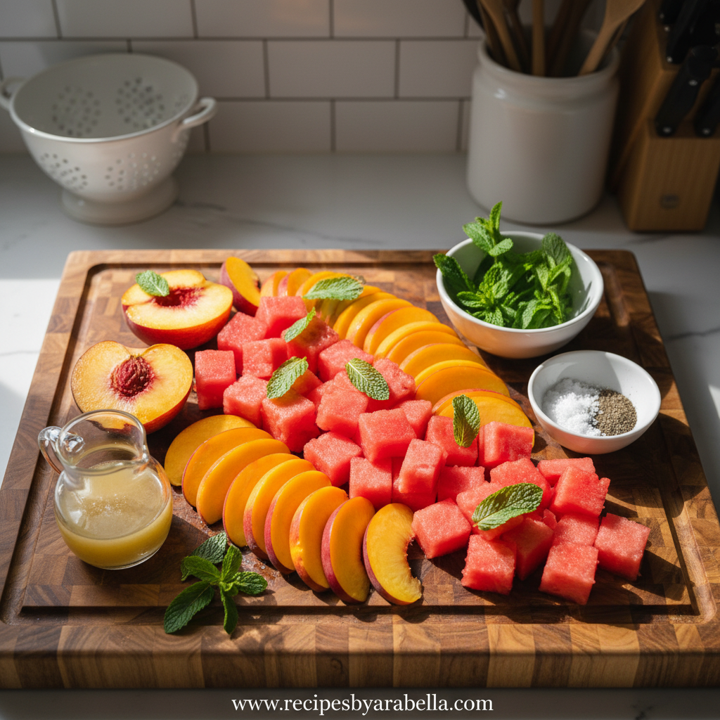 Fresh ingredients for peach watermelon salad including peaches, watermelon, mint, and lime