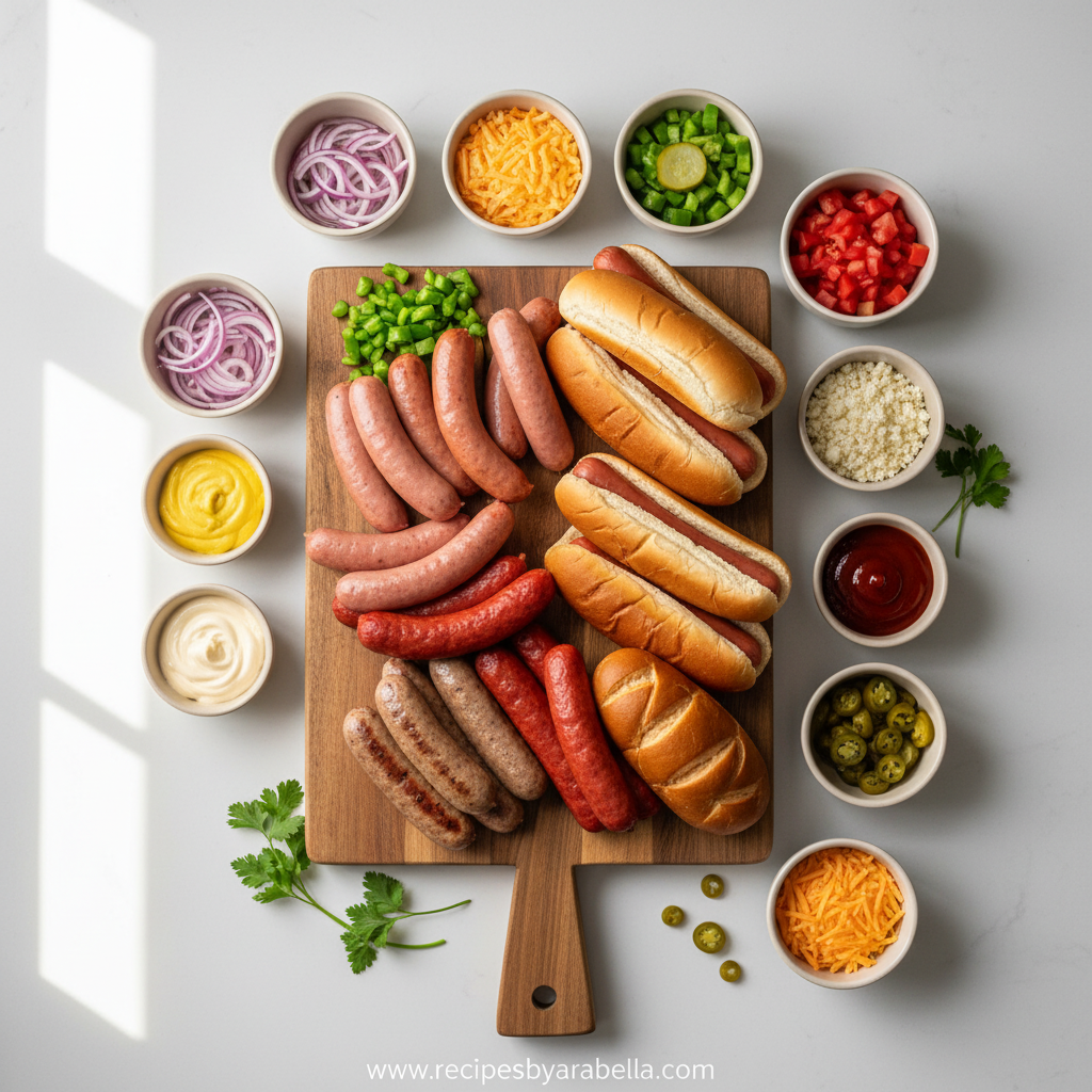 Assorted hot dog toppings including sauces, cheeses, and vegetables