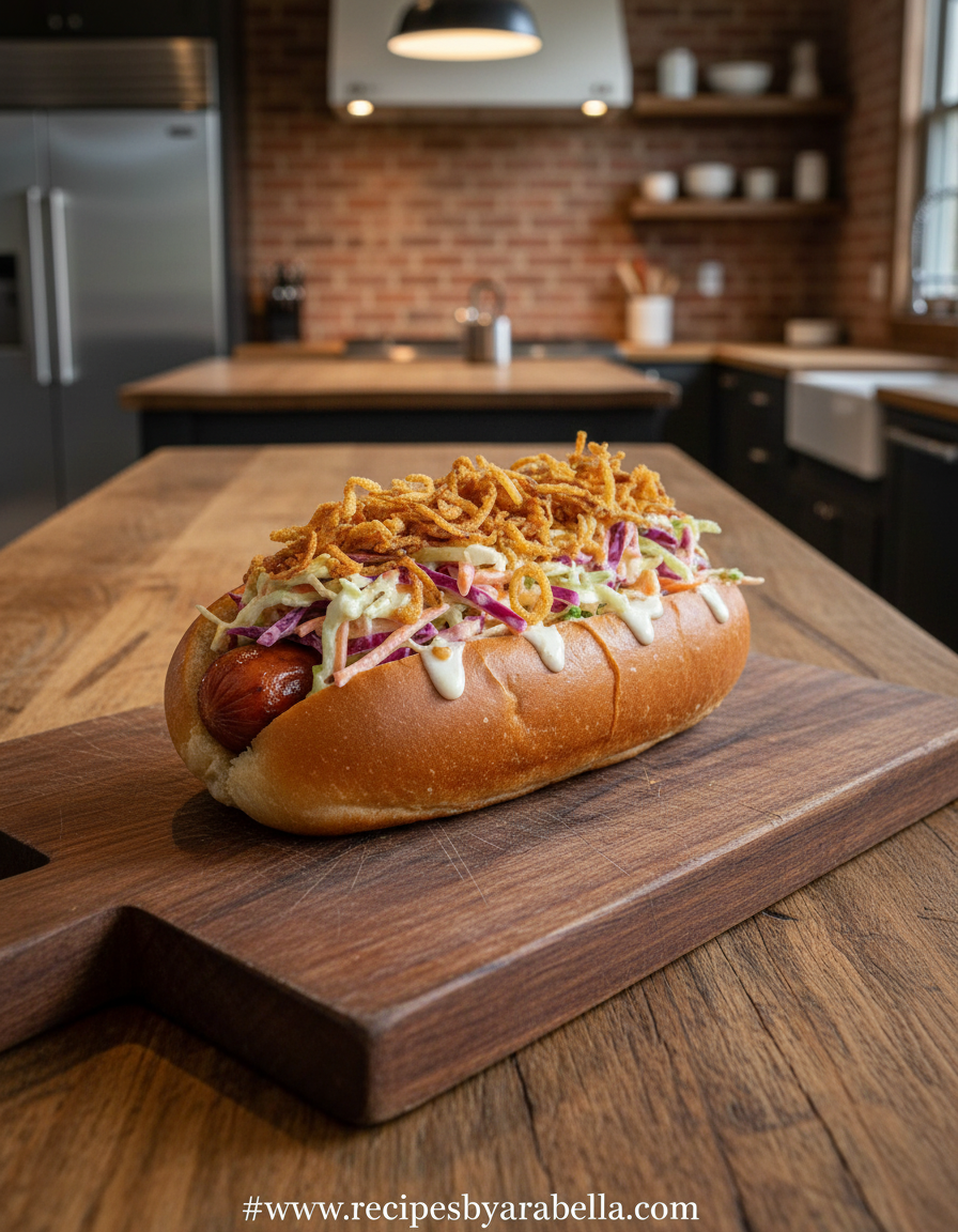 Firecracker Hot Dogs with Spicy Slaw & Crispy Onions - Easy 3-Step Gourmet Recipe 1 Firecracker hot dogs with spicy slaw and crispy onions on a wooden board