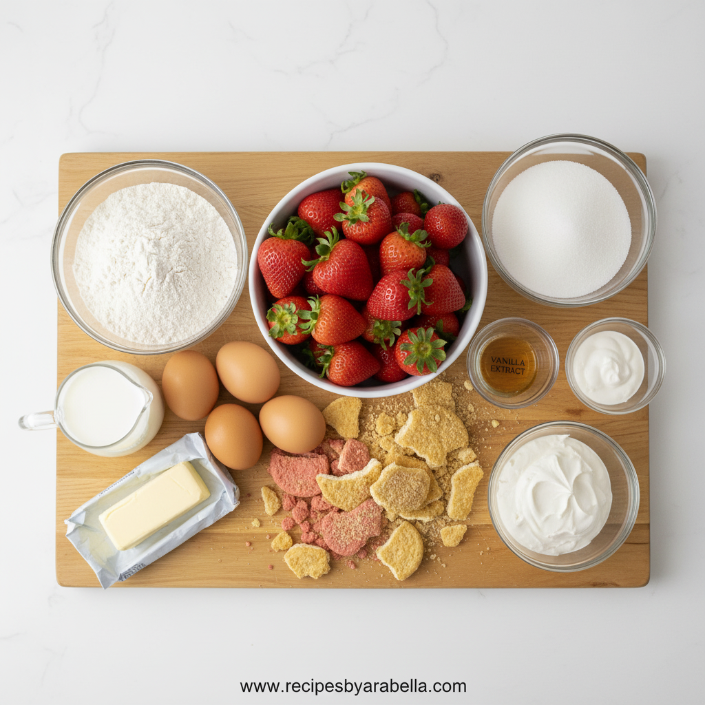 Feeling Foodish Strawberry Crunch Cake: Nostalgic Dessert with Creamy Frosting & Crunchy Topping 2 Ingredients for strawberry crunch cake including flour, sugar, strawberries, and cookies