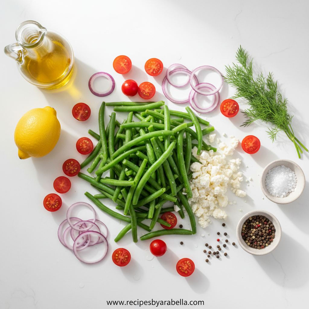 Ultimate Green Bean Feta Salad Recipe - Fresh 5-Step Mediterranean Side Dish 2 Fresh ingredients for green bean feta salad including green beans, feta, tomatoes, and herbs