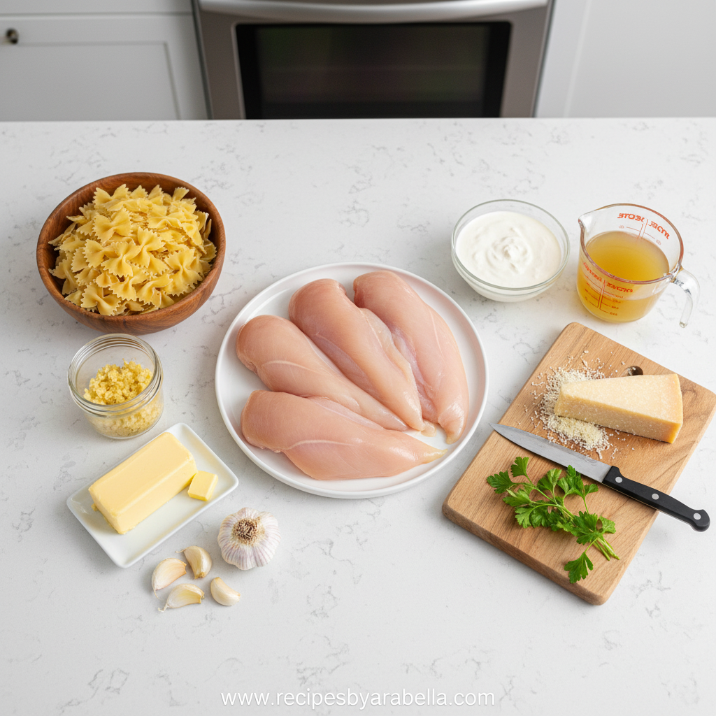 Ingredients for garlic butter chicken pasta lined up on counter