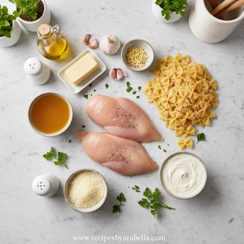 Ingredients for garlic butter chicken pasta including chicken, bowtie pasta, garlic, butter, and herbs