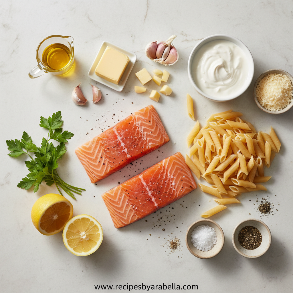 Ultimate Garlic Butter Salmon Pasta Recipe – Easy One Pan Weeknight Dinner 2 Ingredients for garlic butter salmon pasta including salmon, pasta, garlic, butter, and lemon