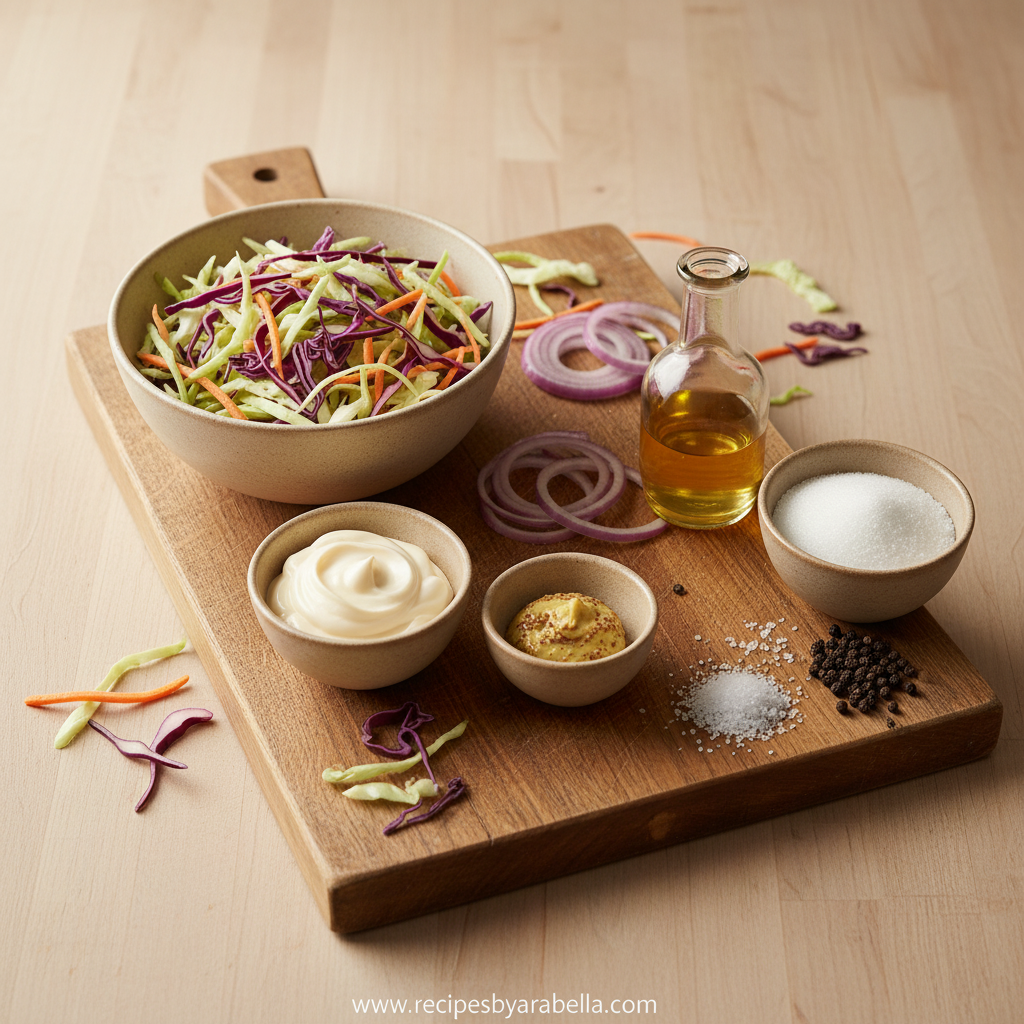 Gordon Ramsay's Best Coleslaw Ever for BBQ & Sandwiches 2 Fresh coleslaw ingredients arranged beautifully