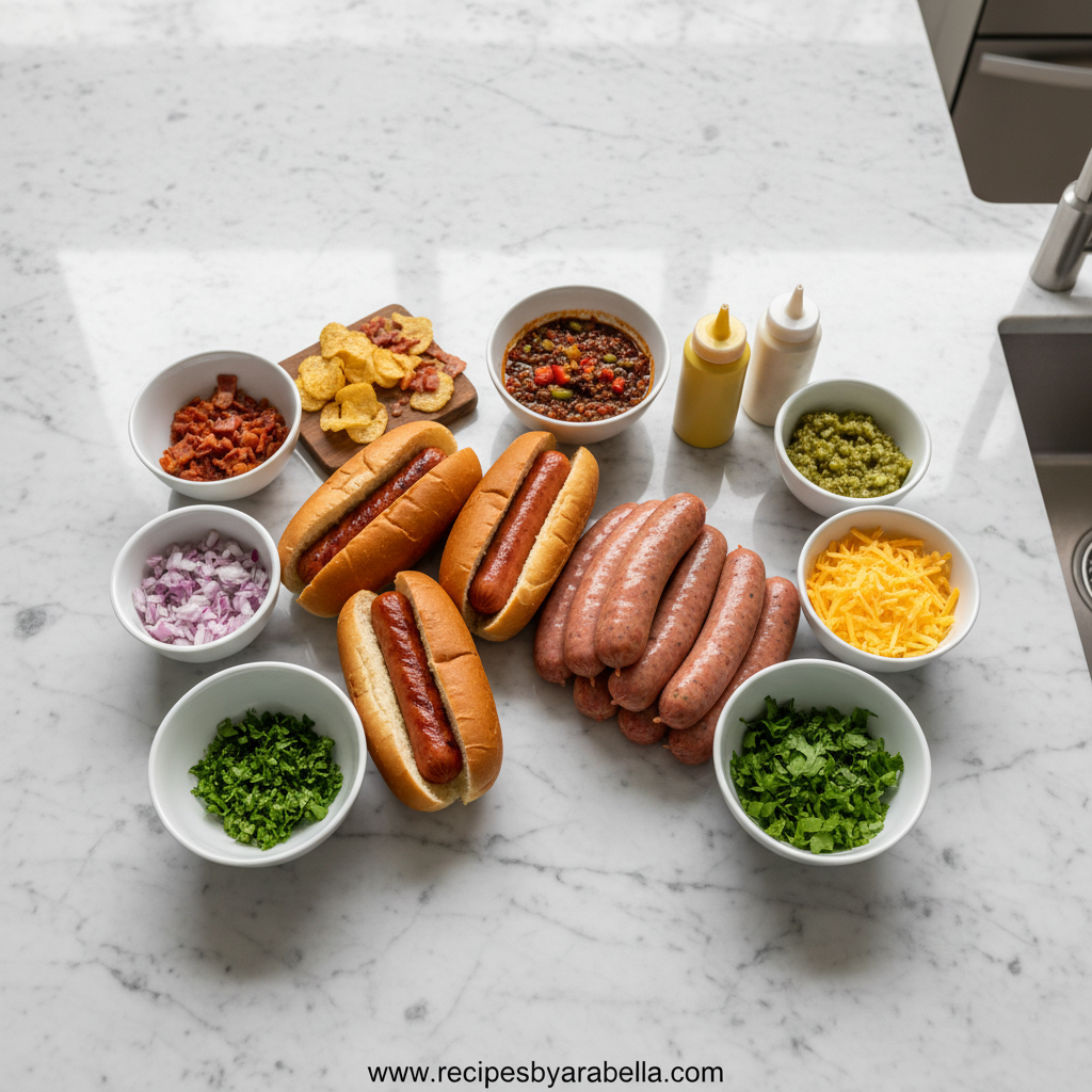 Ultimate Gourmet Hot Dogs with Creative Toppings - Elevate Your BBQ Game 2 Colorful array of hot dog toppings and ingredients