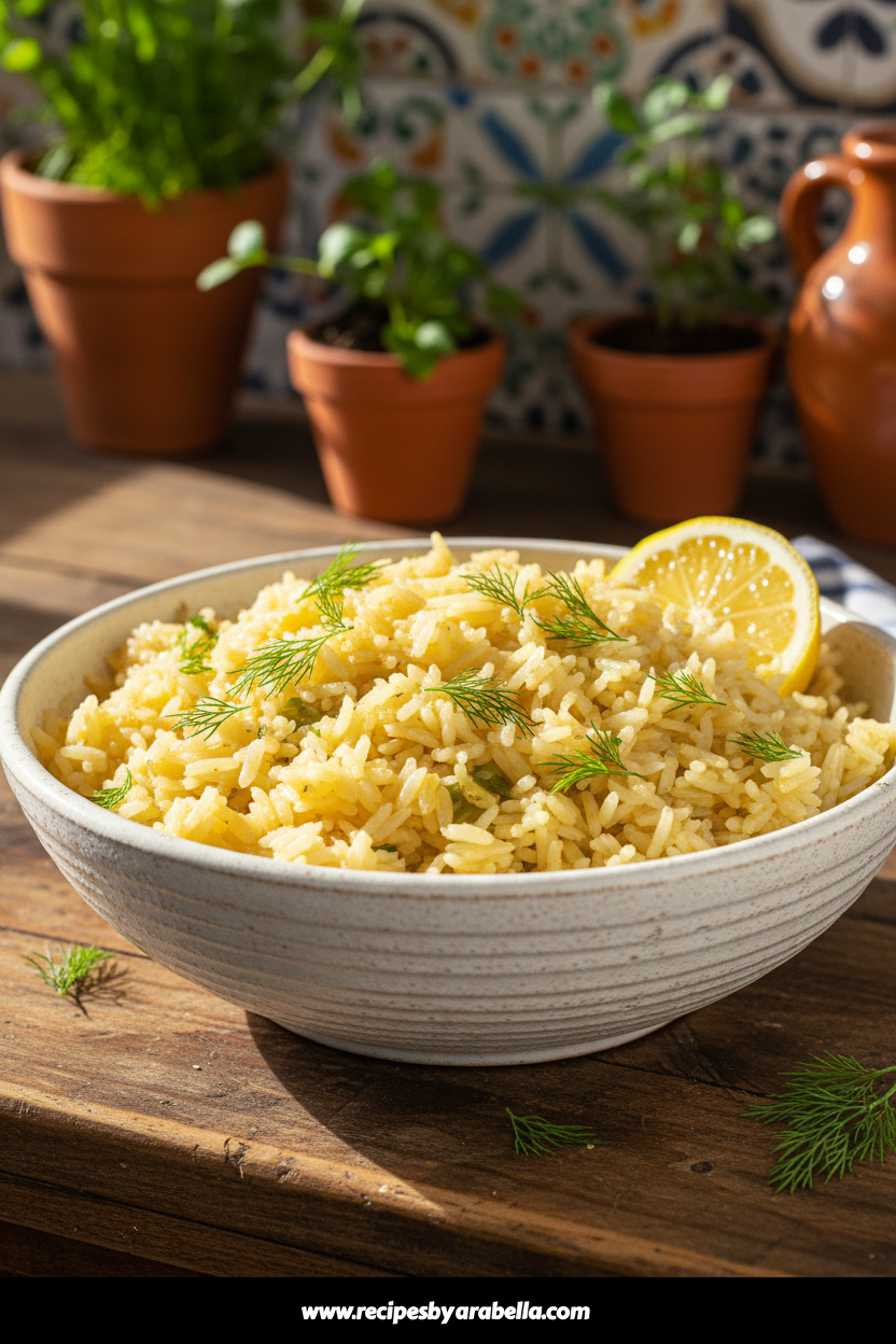 Vibrant Greek lemon rice with fresh herbs and lemon wedges