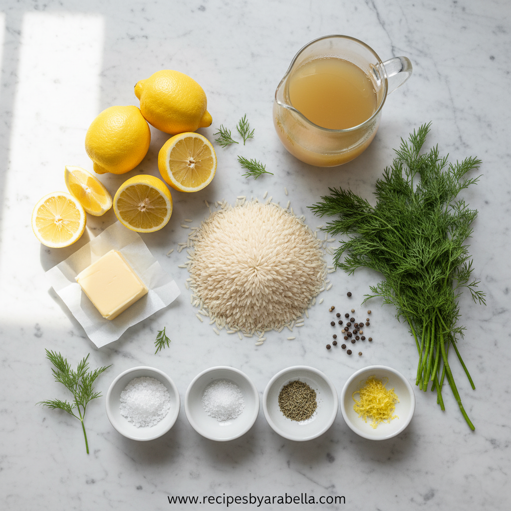 Ingredients for Greek lemon rice including rice, lemons, herbs, and olive oil