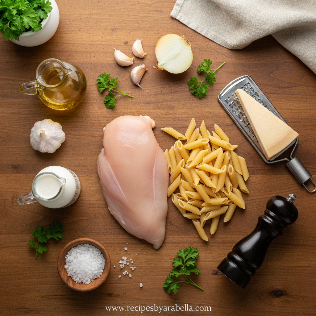 Ultimate Homemade Chicken Pasta Recipe - Easy Scratch-Made Comfort Food 2 Ingredients for homemade chicken pasta including flour, eggs, chicken, and fresh herbs