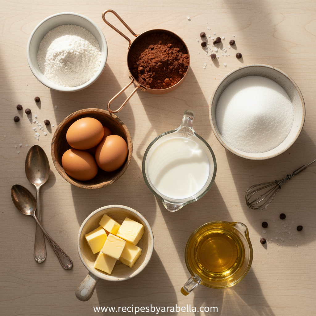 Ultimate Indulgent Chocolate Sheet Cake Recipe with Fudgy Frosting 2 Ingredients for chocolate sheet cake including flour, cocoa powder, sugar, and eggs