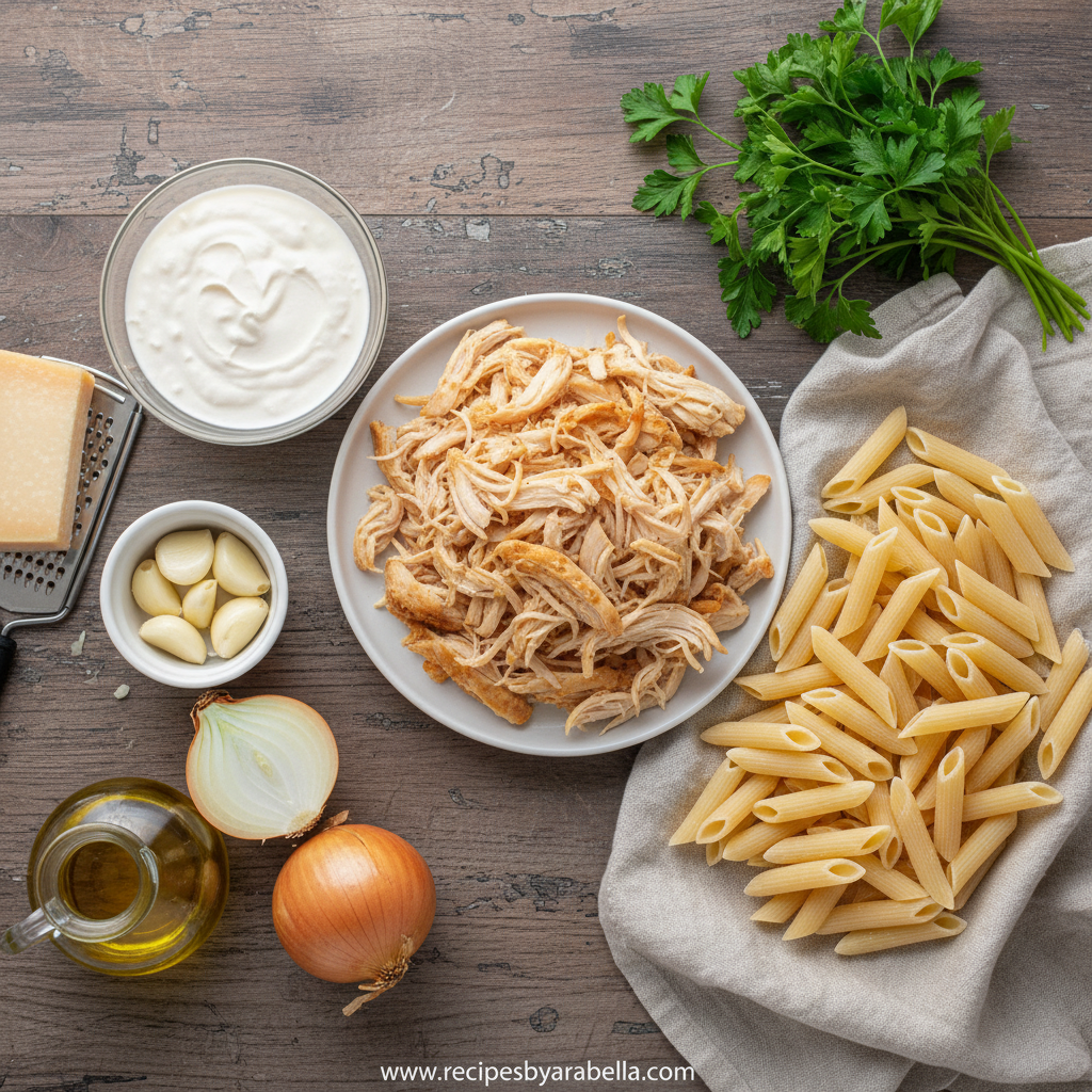 Ingredients for creamy rotisserie chicken pasta