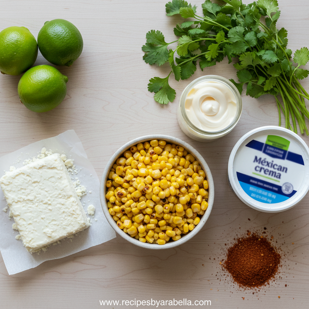 Fresh ingredients for Mexican corn salad including corn, cilantro, and spices