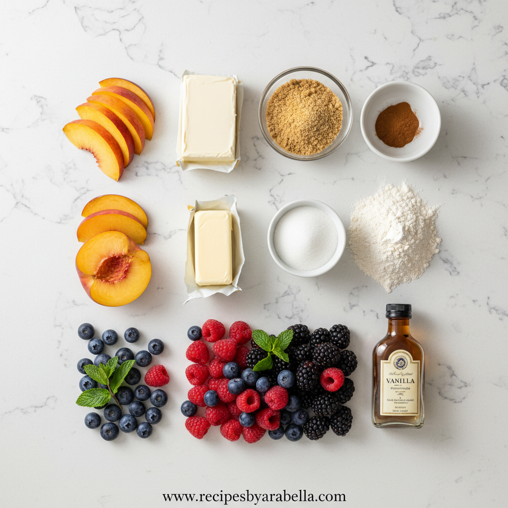 Ingredients for peach cobbler cheesecake salad including cream cheese, peaches, and berries