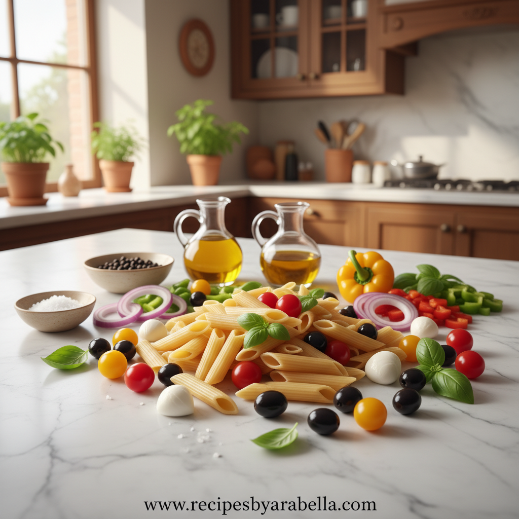 Easy Italian Pasta Salad with Tortellini Pesto | No-Cook Recipe 2 Ingredients for Italian pasta salad including tortellini, cherry tomatoes, olives, and pesto