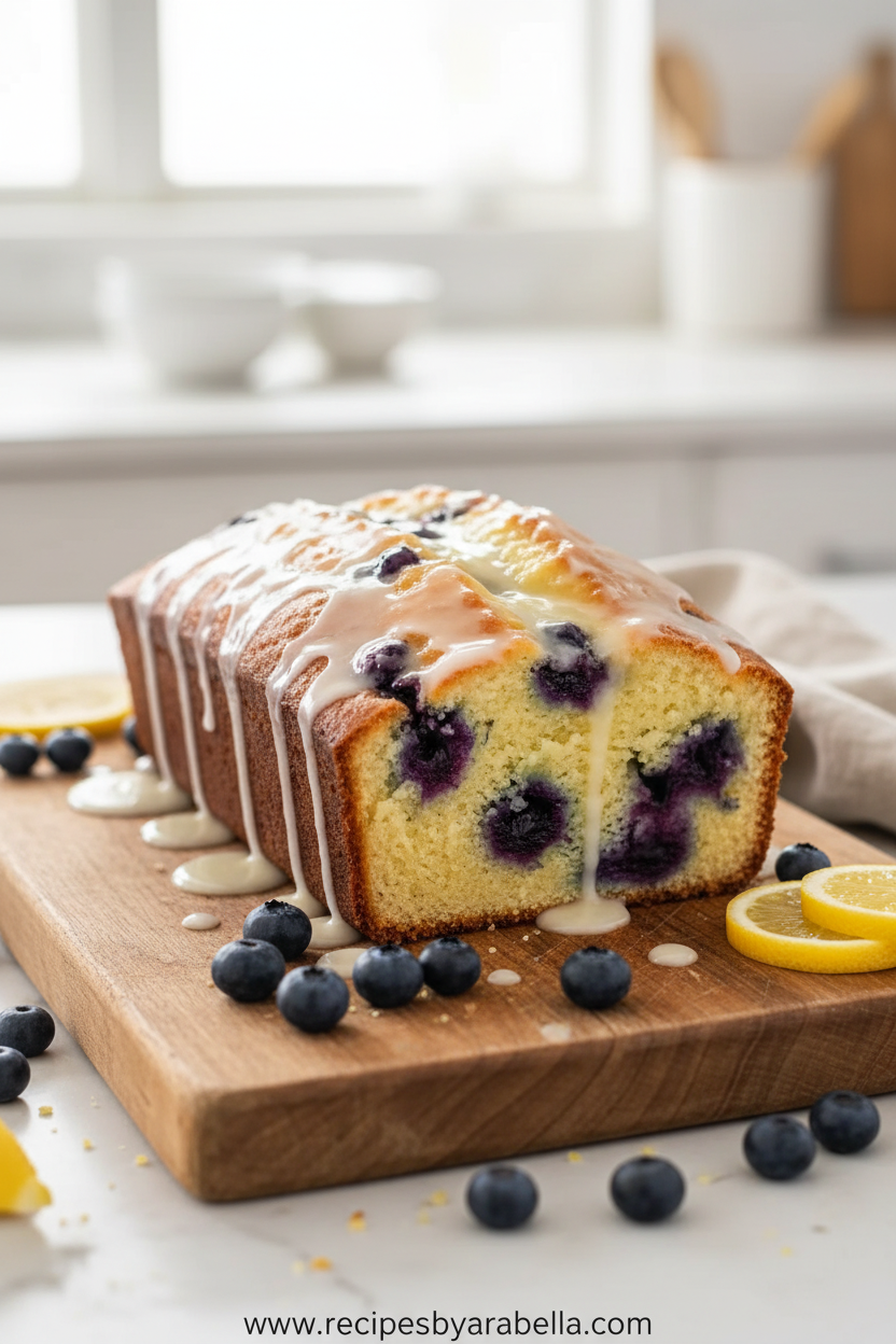 Beautiful lemon blueberry loaf with lemon glaze drizzled over top
