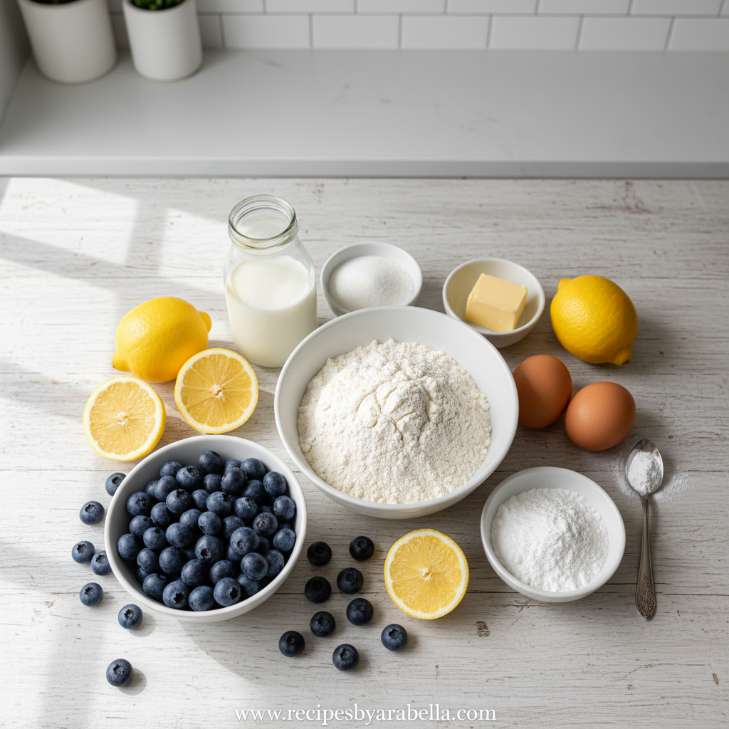 Ingredients for lemon blueberry loaf including flour, blueberries, lemons, sugar, and eggs