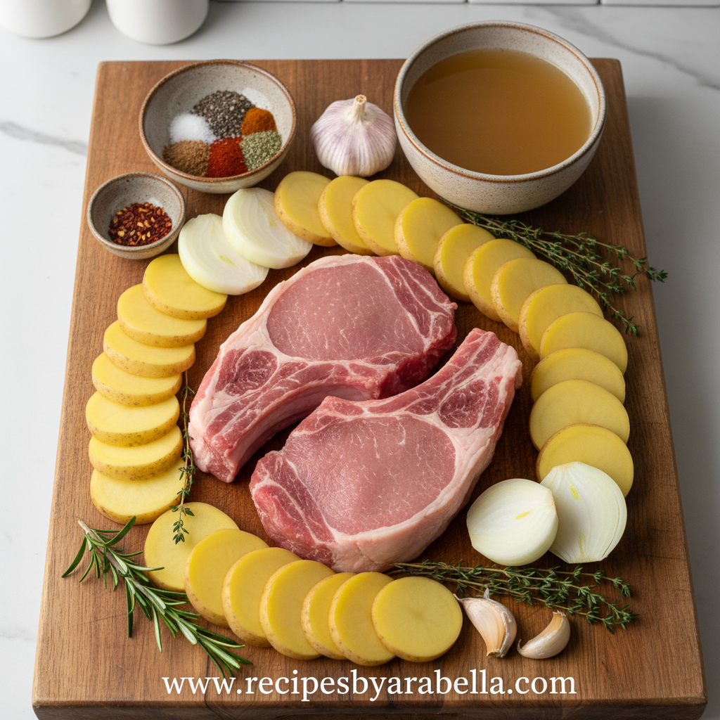 Savory Lamb Chop and Potato Casserole: Halal Comfort Food Dinner 2 Ingredients for lamb chop casserole including lamb chops, potatoes, cheese, and seasonings