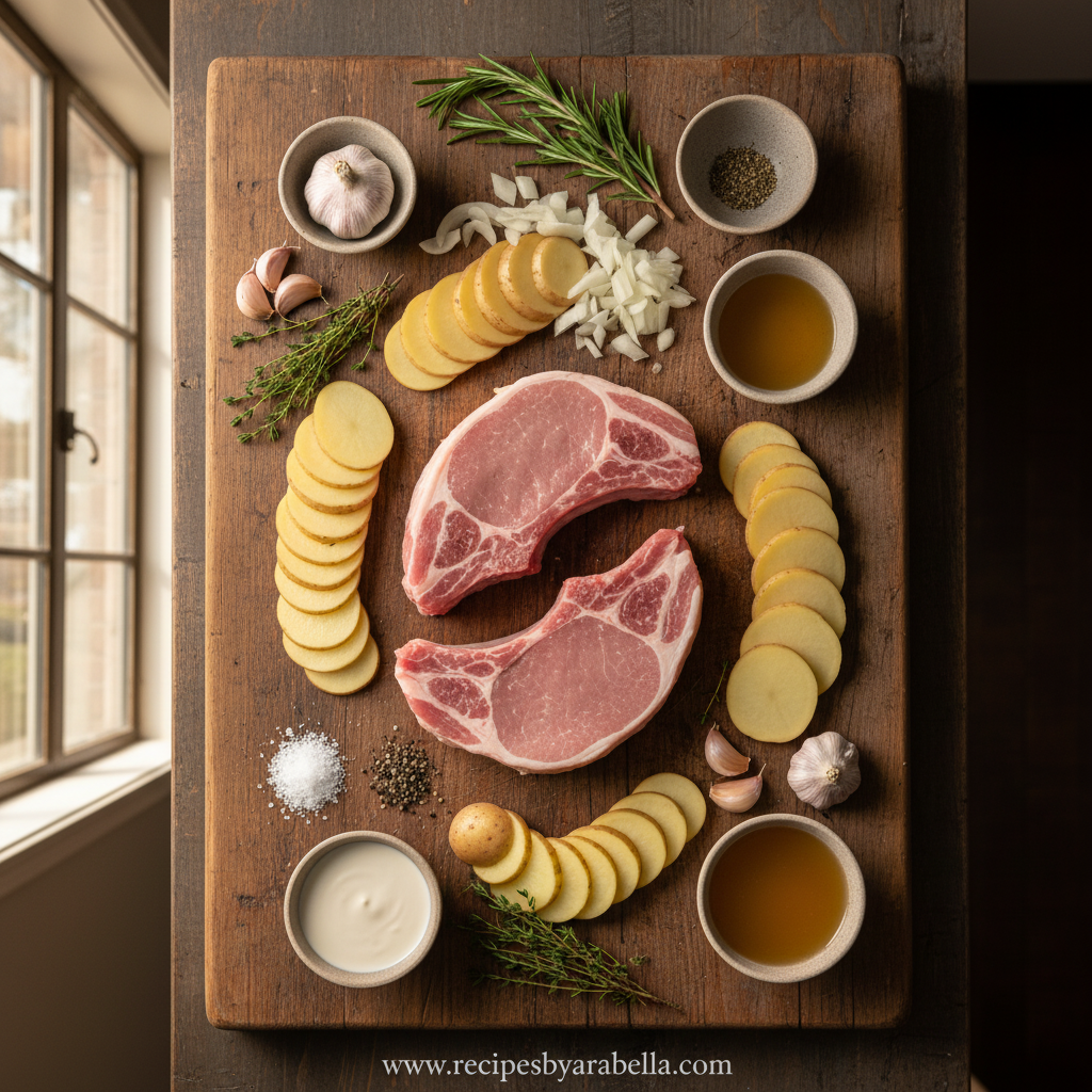 Savory Pork Chop and Potato Casserole - Easy One Pan Comfort Food Dinner 2 Ingredients for pork chop casserole arranged neatly