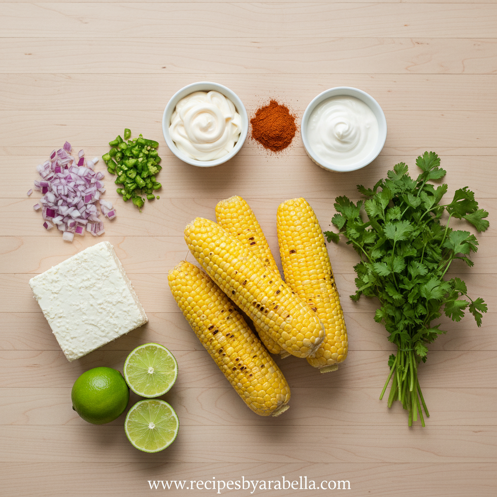 Fresh ingredients for Mexican street corn salad including corn, cilantro, and spices