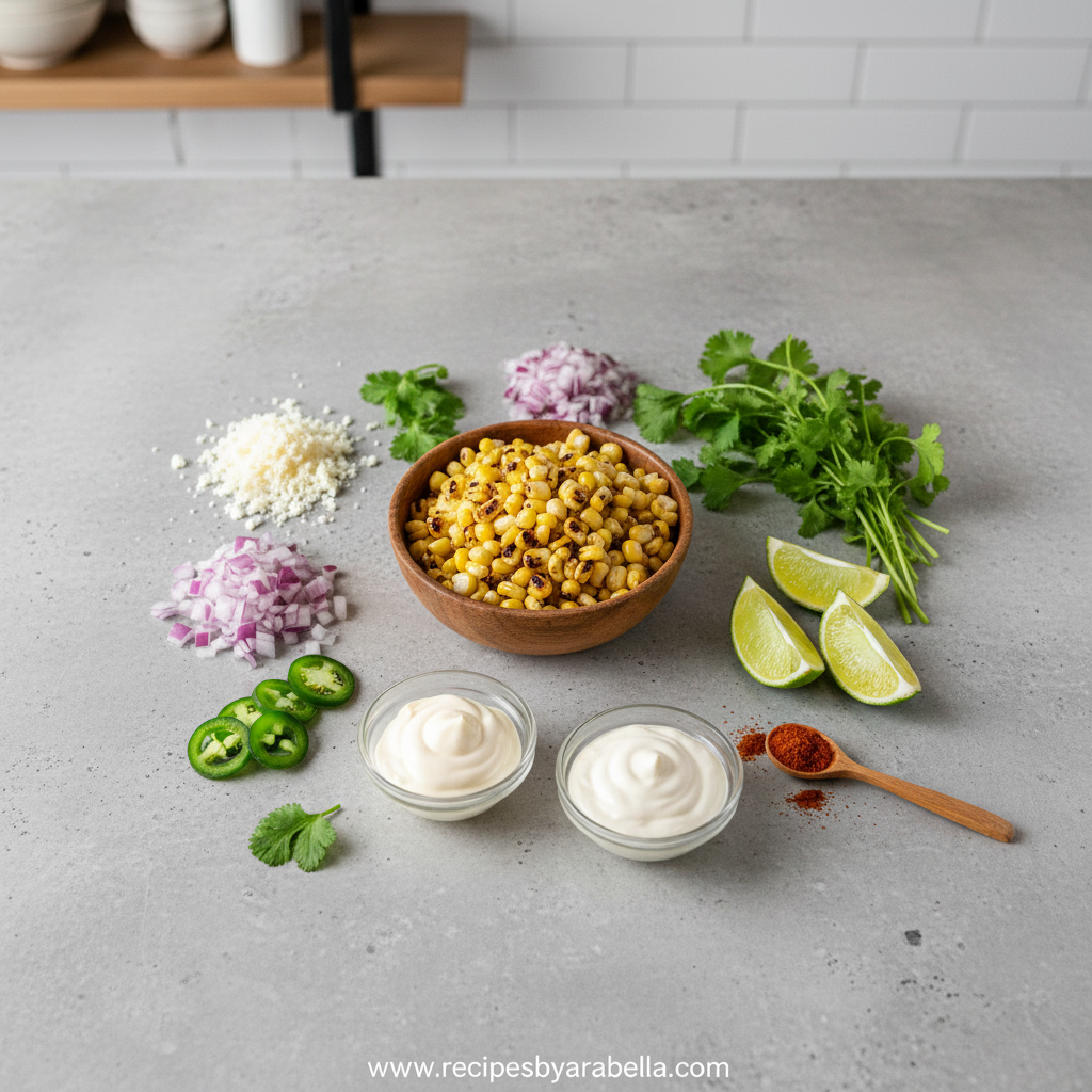 Fresh ingredients for Mexican corn salad including corn, lime, chili powder, and cotija cheese