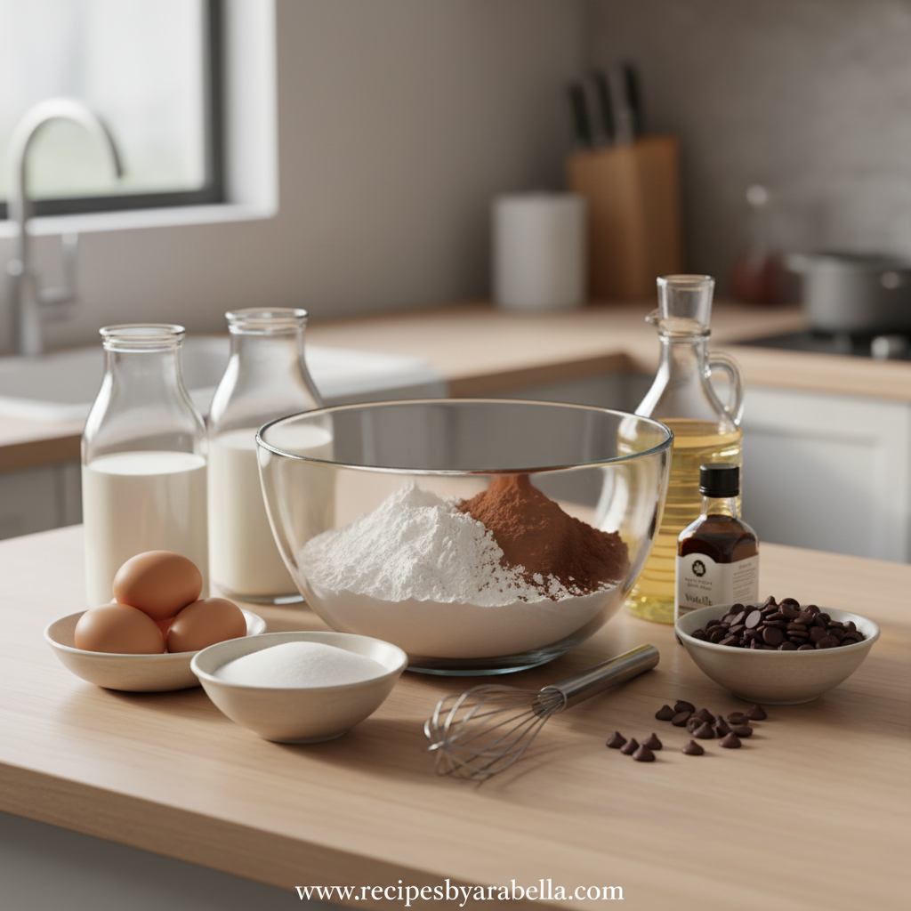 Ingredients for moist fudgy chocolate cake