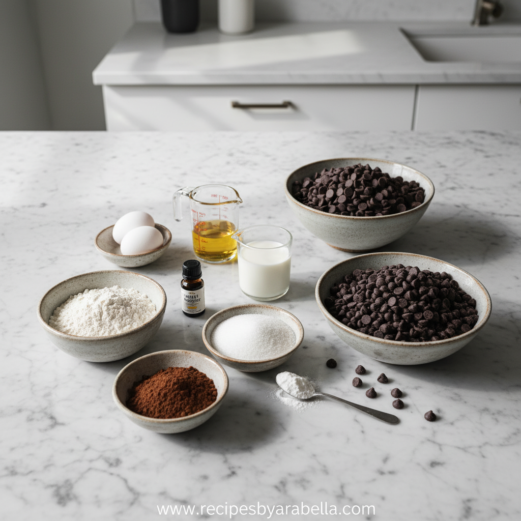 Ultimate Moist And Fudgy Chocolate Cake Recipe - Bakery Style Layer Cake 2 Ingredients for chocolate cake including flour, sugar, cocoa powder, eggs, and butter