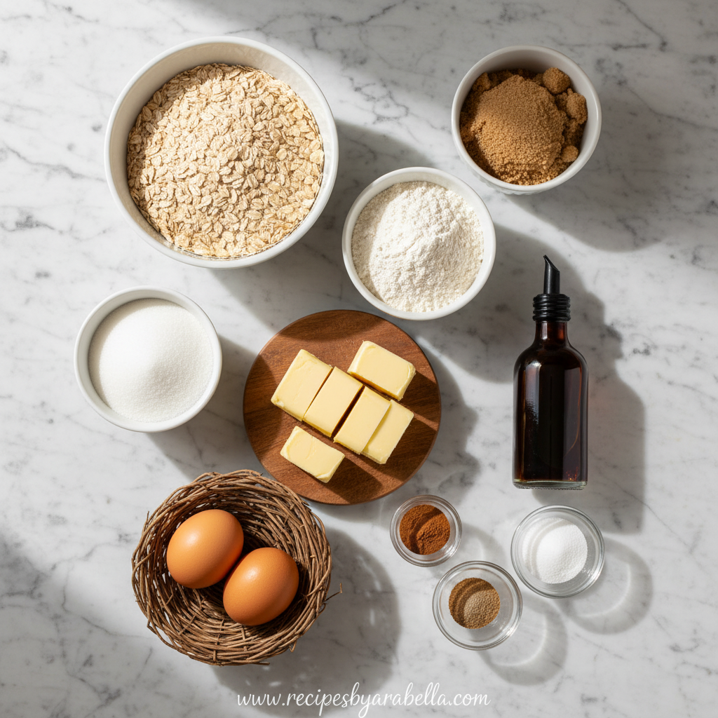 Ingredients for making soft chewy oatmeal cookies