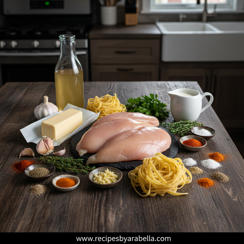 Ultimate Cowboy Butter Chicken Pasta Recipe - One Pan Creamy Comfort Food Dinner 2 Ingredients for cowboy butter chicken pasta including chicken, pasta, garlic, butter and seasonings