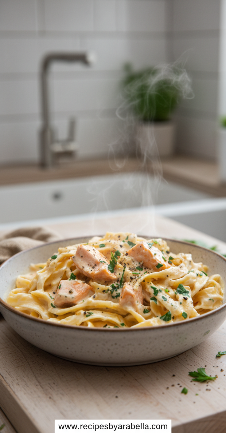 Creamy one pot salmon pasta in skillet with fresh herbs