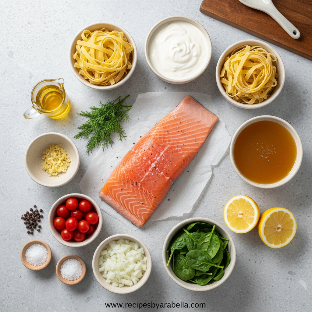 Ingredients for creamy salmon pasta including salmon, pasta, garlic, cream, and herbs