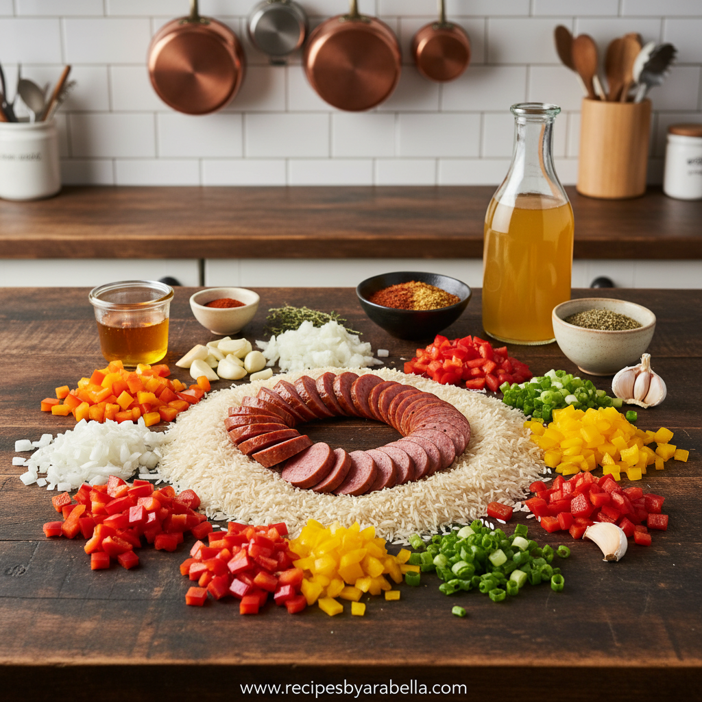 Ingredients for Cajun honey garlic rice skillet