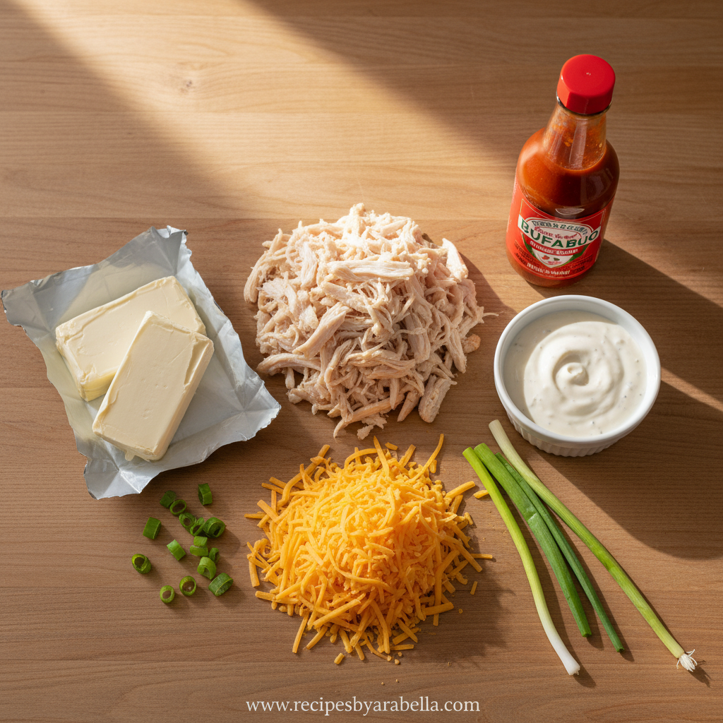 Ingredients for buffalo chicken dip laid out on counter