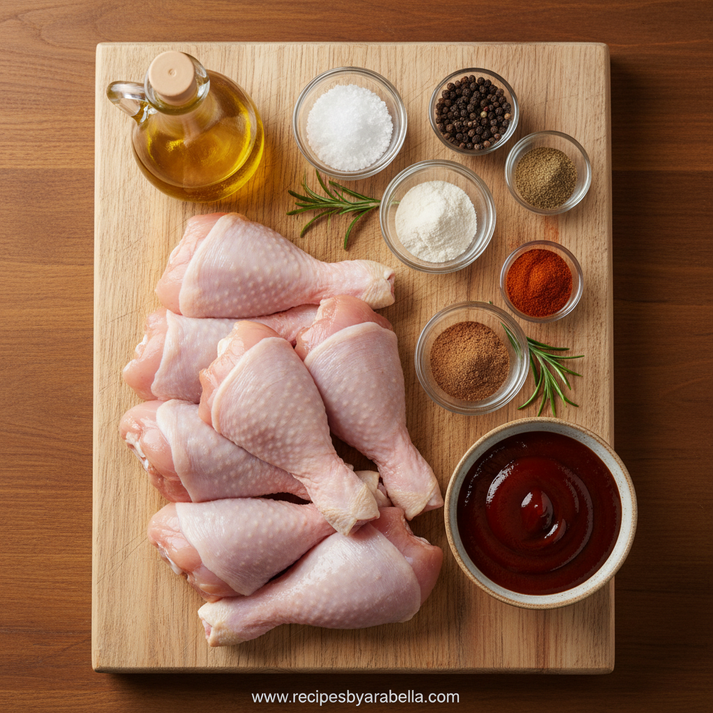 Ingredients for oven BBQ chicken drumsticks including chicken, BBQ sauce, and spices