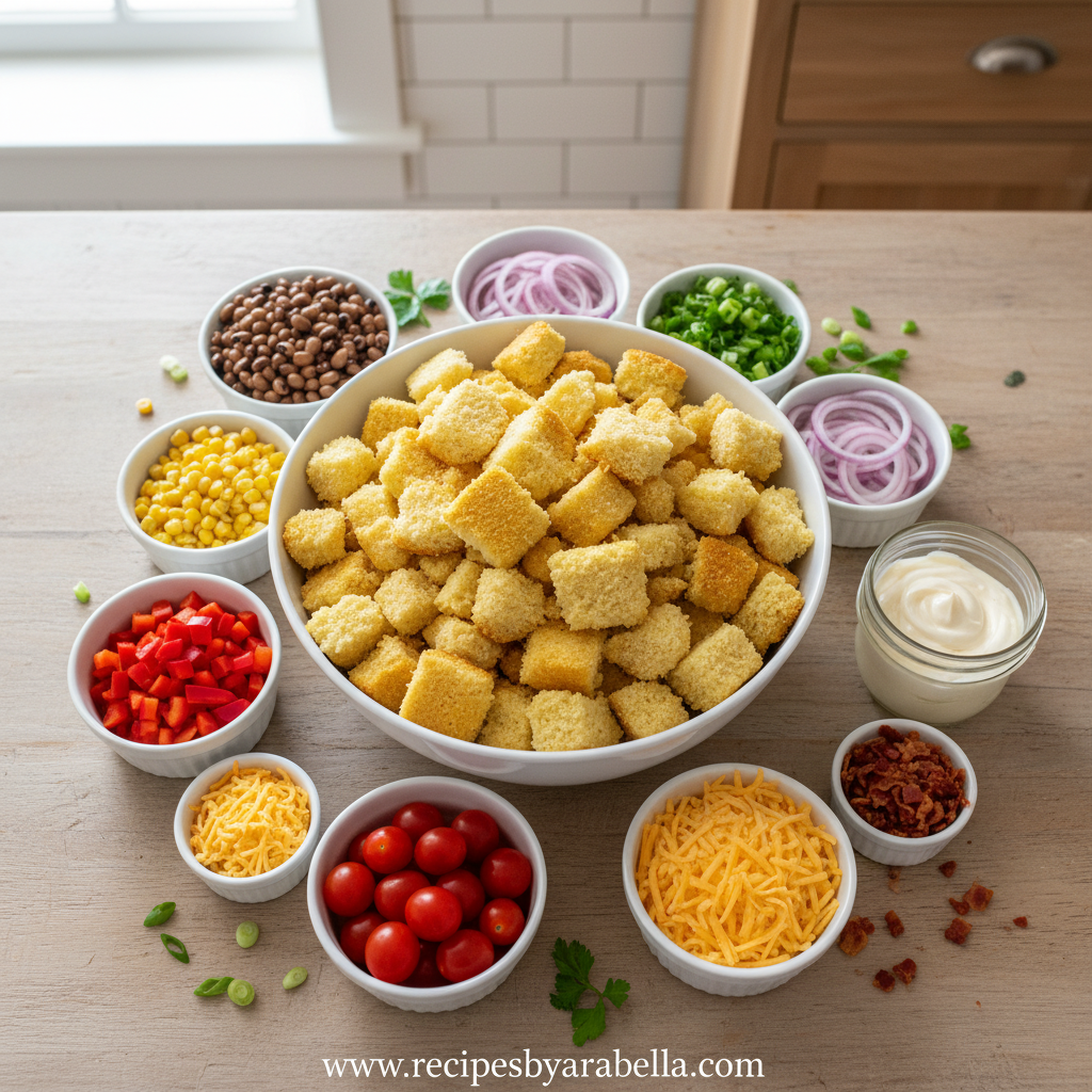 Paula Deen Cornbread Salad - Classic Southern Layered Side Dish Recipe 2 Ingredients for Paula Deen cornbread salad arranged on counter