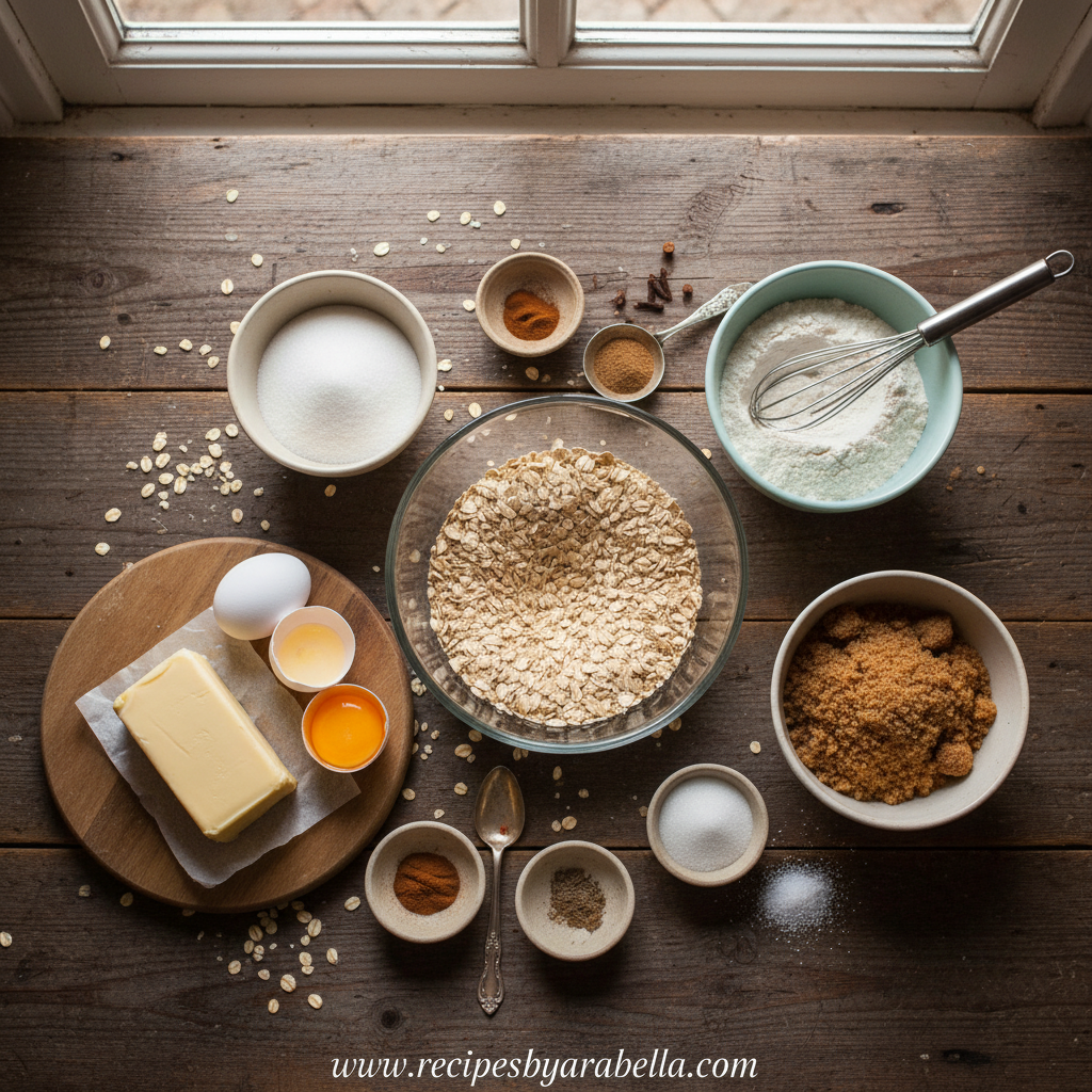 Ingredients for thick oatmeal cookies including oats, flour, butter, and spices