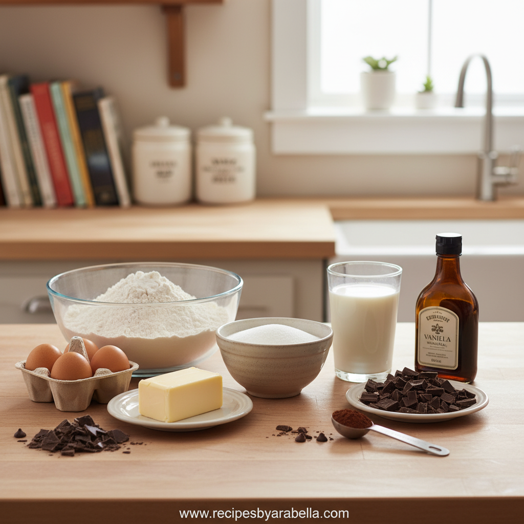 Ingredients for chocolate sheet cake including flour, sugar, cocoa powder, and eggs
