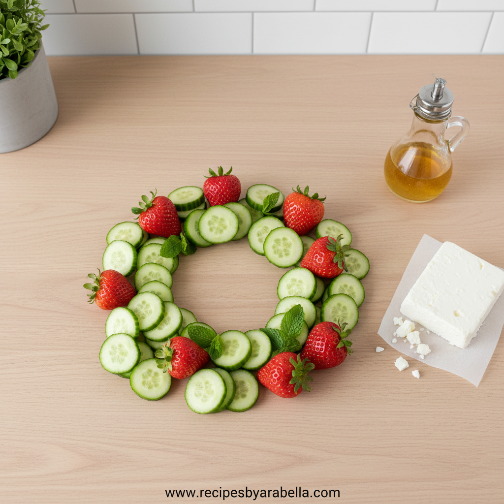Fresh ingredients for cucumber strawberry salad including strawberries, cucumber, feta, and mint