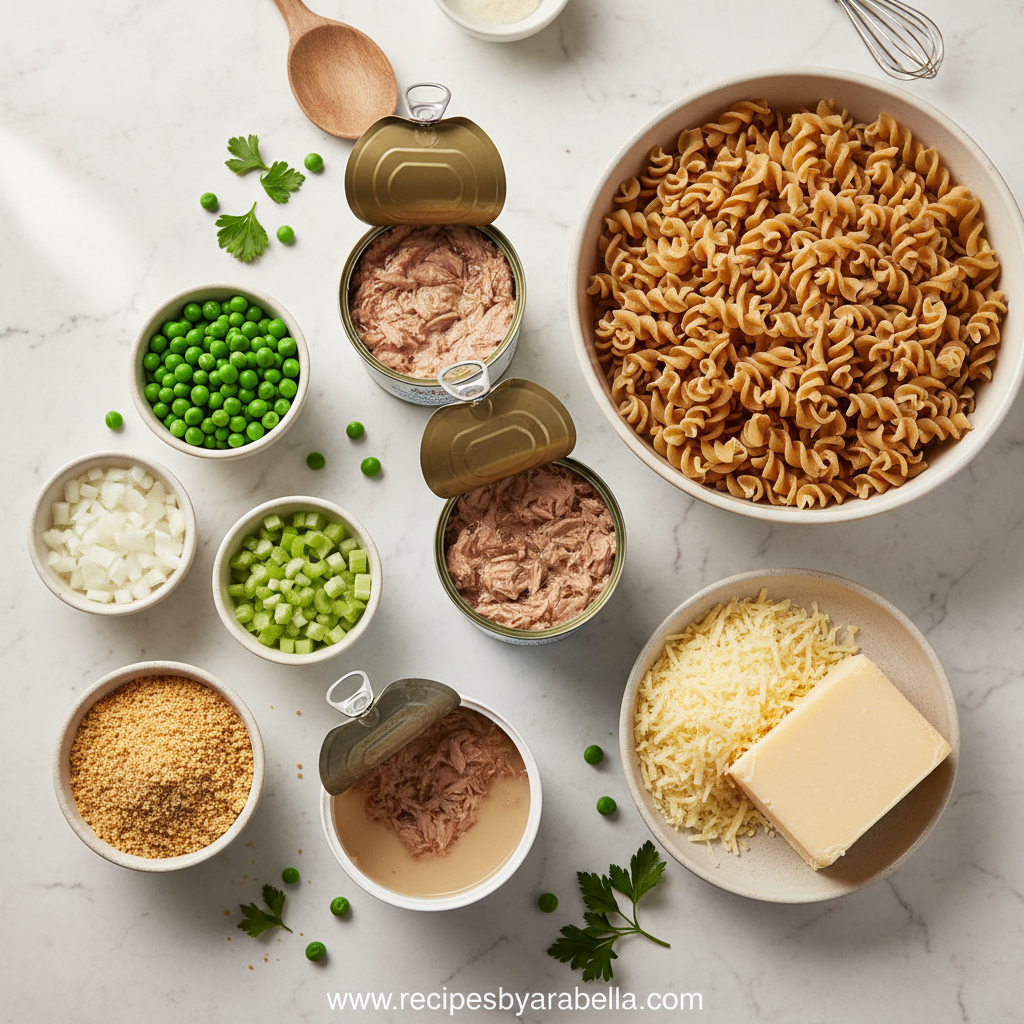 Ingredients for healthy tuna noodle casserole